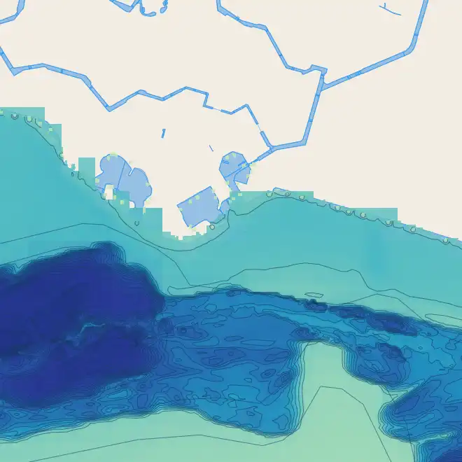 Kaart van een plas met een zeshoekige zone die oplicht als melding.